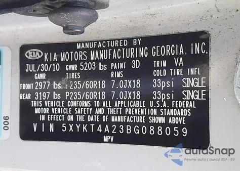 2011 Kia Sorento Lx V6 z USA, uszkodzony, nr VIN 5XYKT4A23BG088059